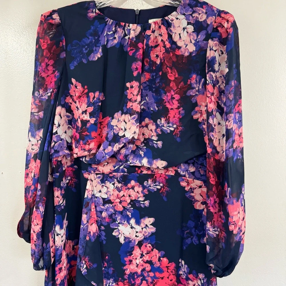 Eliza J Ruffled Long Sleeve Dress Slit Leg Size 14 Cocktail Floral Mother Bride - Picture 5 of 11